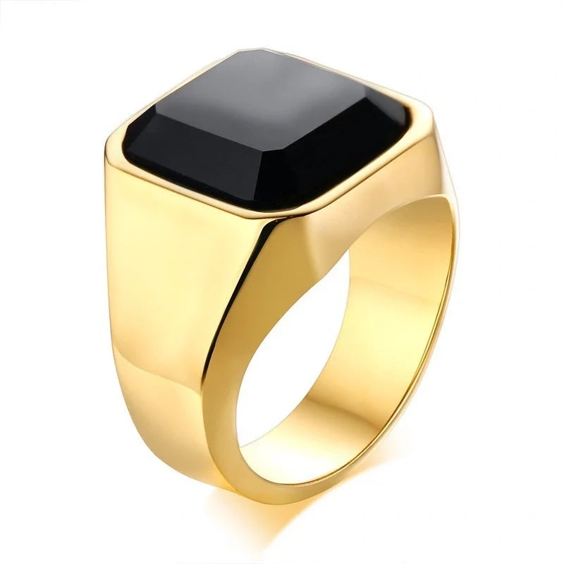 Men's stylish stainless steel black agate ring for a bold and sophisticated look