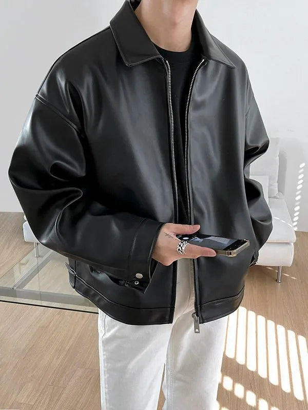 Men's black Korean leather casual baseball jacket, loose fit, side seam pockets, sizes M to 3XL