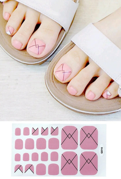 Waterproof foot nail sticker sheet in pink, silver, wine red, and yellow colours measuring 10cm × 15cm