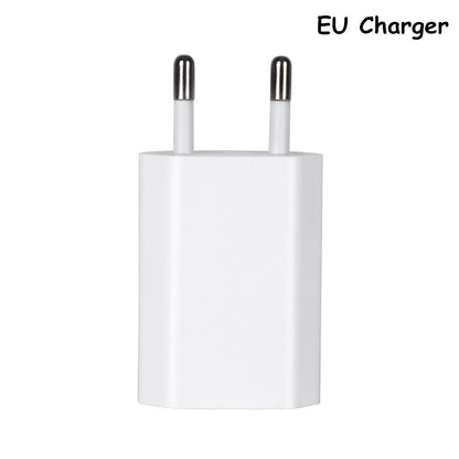 White USB wall charger and white Lightning cable for iPhone and iPad on a grey background.