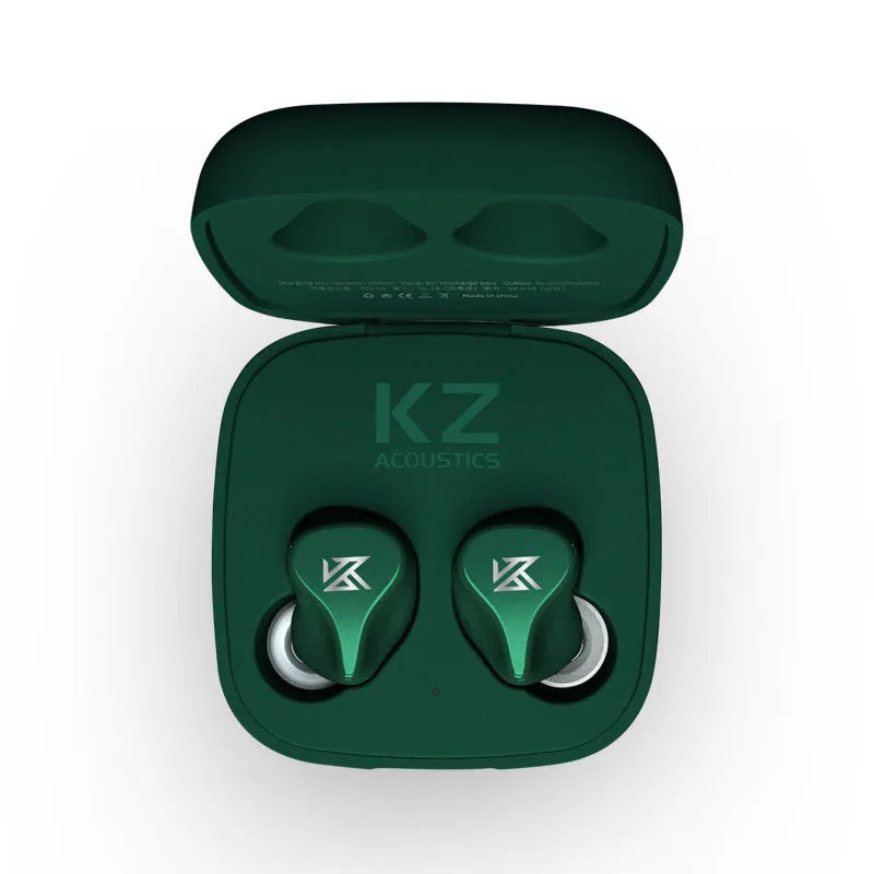 Z1 black and green true wireless Bluetooth in-ear headphones showing separate earpieces