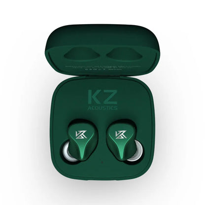 Z1 black and green true wireless Bluetooth in-ear headphones showing separate earpieces