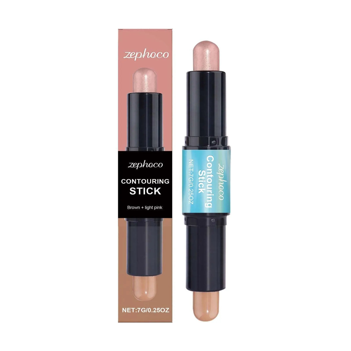 Dual-ended cream contour and highlighter makeup stick showing two shades, Tan Dark Champagne and Light Pink.