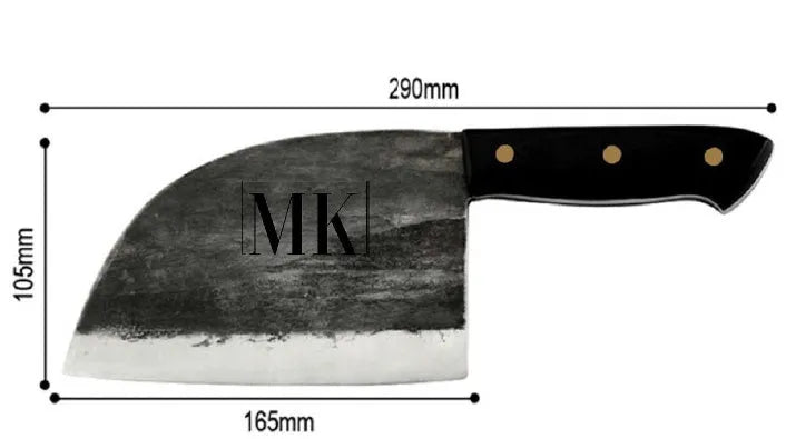 Hand-made stainless steel meat cleaver with a 17cm round head blade on a kitchen surface.