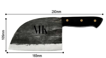 Hand-made stainless steel meat cleaver with a 17cm round head blade on a kitchen surface.
