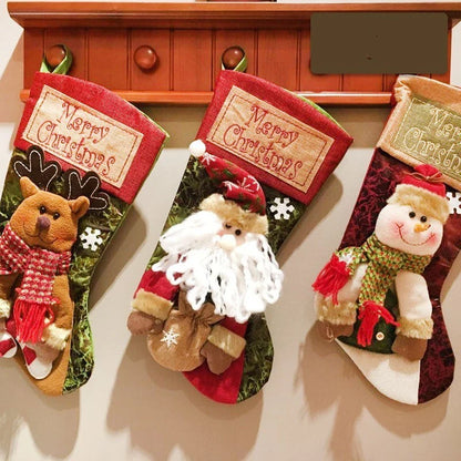 Premium Christmas stocking with 3D appliques of snowman, Santa, and reindeer for festive holiday decor