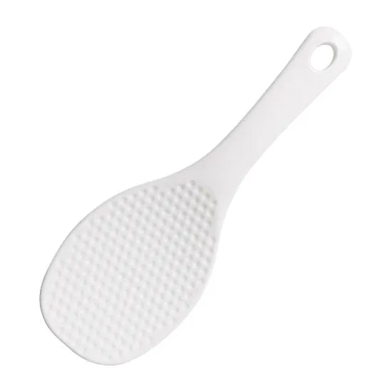 Blue PVC utensil holder with suction cup mounting a rice spoon on kitchen tiles