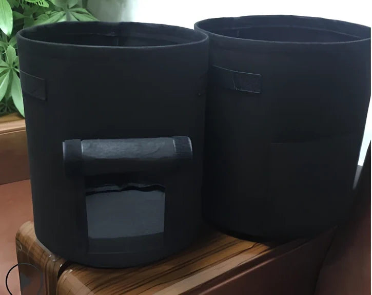 Black non-woven plant growth bag with side window and handles for potato gardening, breathable fabric, large size shown