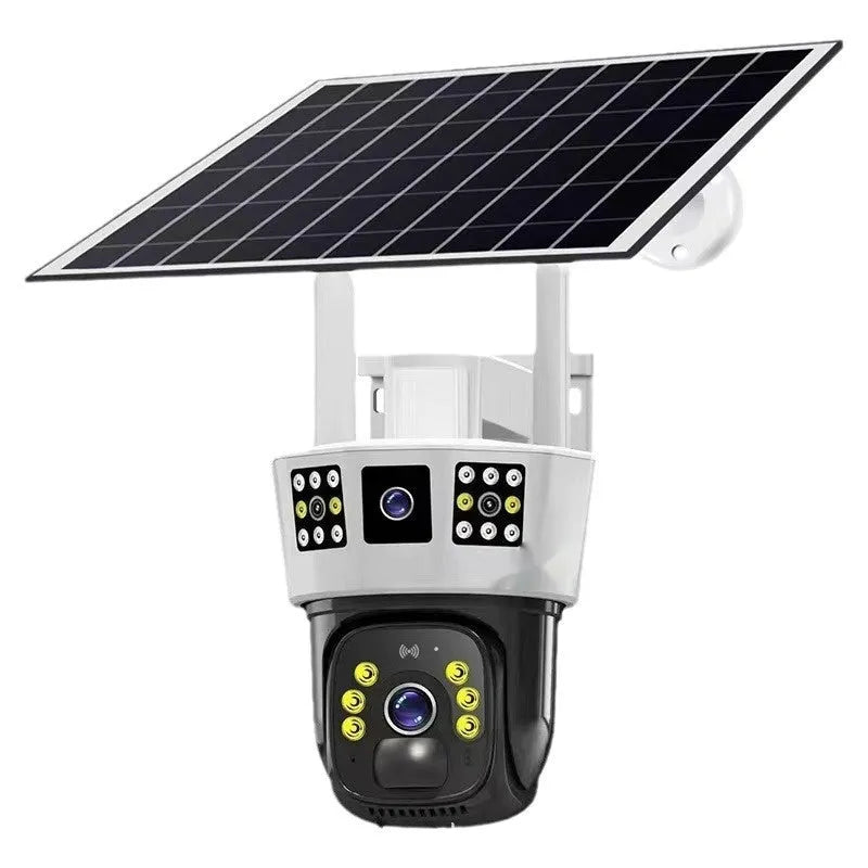 Solar-powered binocular surveillance camera with three-screen viewing capability
