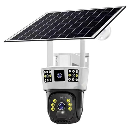 Solar-powered binocular surveillance camera with three-screen viewing capability