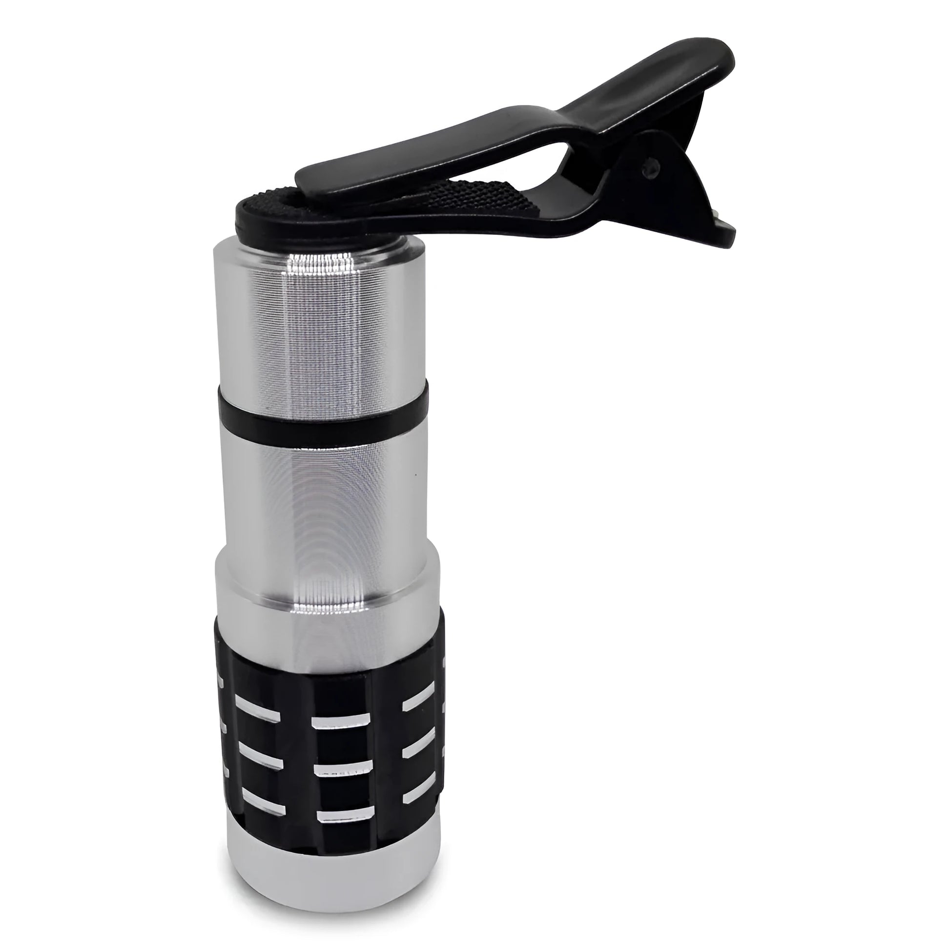 12x telescopic zoom lens with universal collar clip for attaching to a mobile phone.
