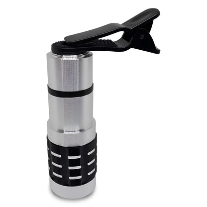 12x telescopic zoom lens with universal collar clip for attaching to a mobile phone.