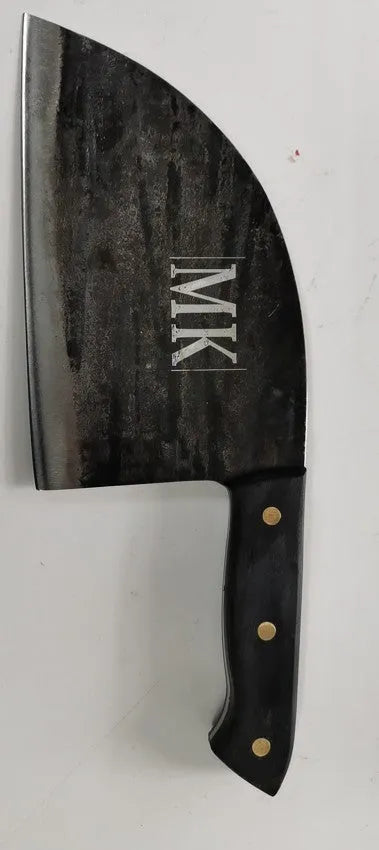 Hand-made stainless steel meat cleaver with a 17cm round head blade on a kitchen surface.