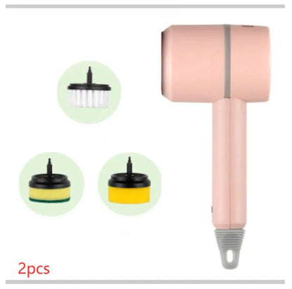 Electric cleaning brush with plastic housing, three brush heads, and 1200mA battery, shown in white, green, or pink