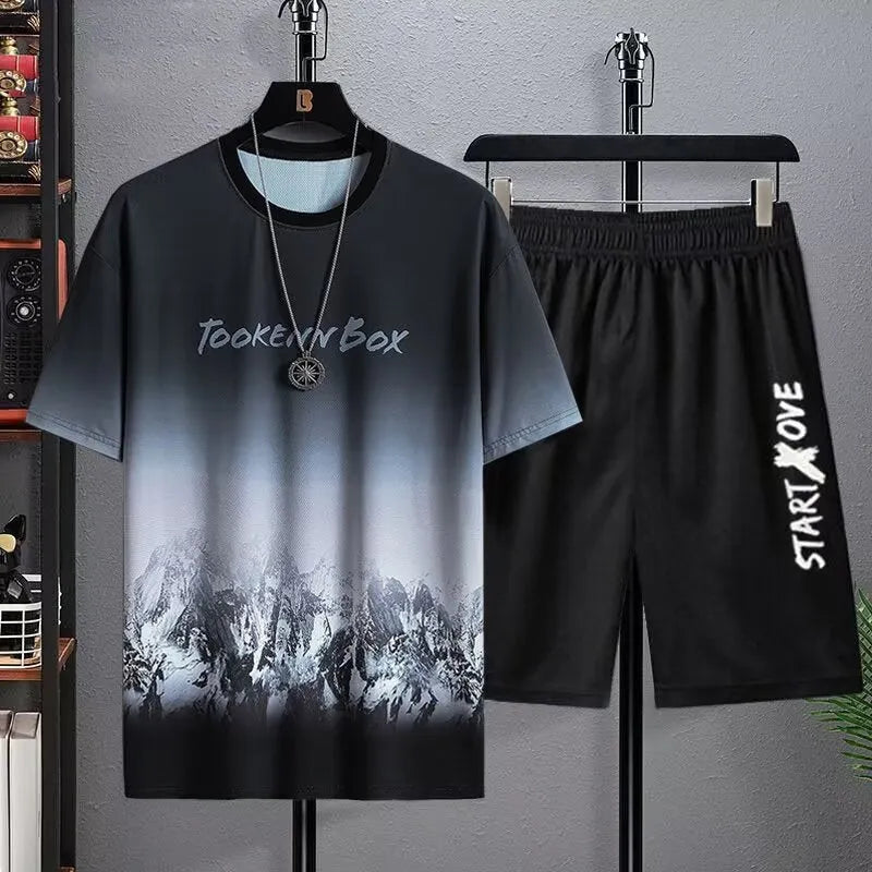 Men's lightweight polyester shorts suit set with short sleeve top and matching shorts for summer