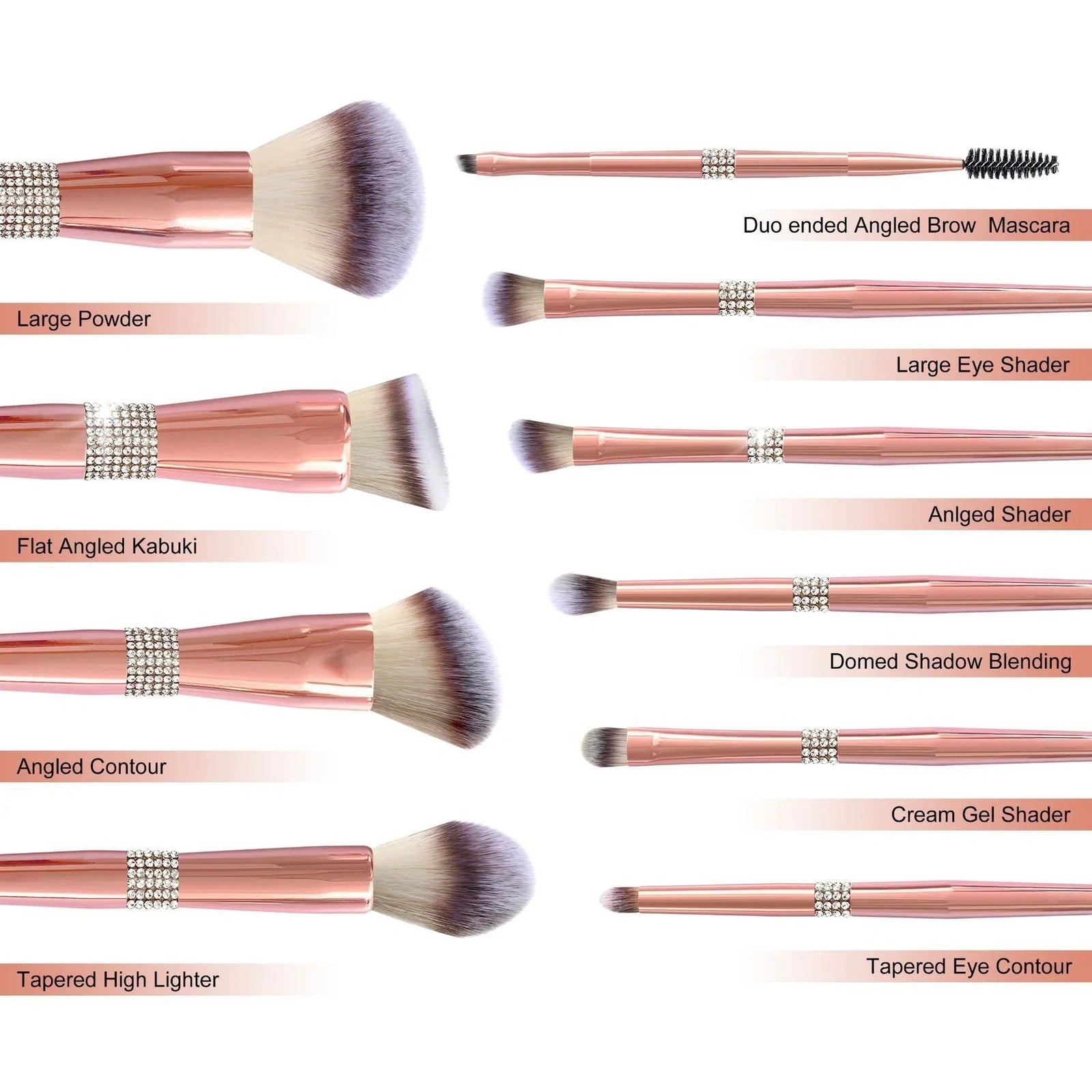 Rose gold electroplated makeup brush set with 14 pieces showing 20cm length and PU storage bag