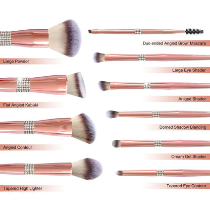 Rose gold electroplated makeup brush set with 14 pieces showing 20cm length and PU storage bag