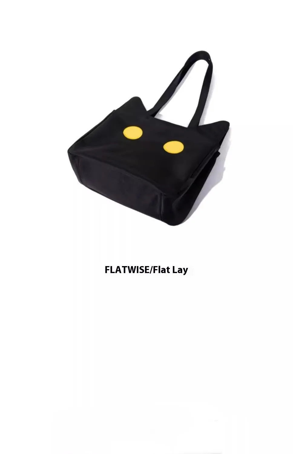 Black cat-shaped nylon tote bag with medium-soft structure, nylon lining, and sandwich zipper pocket, 34cm x 13cm x 27cm.
