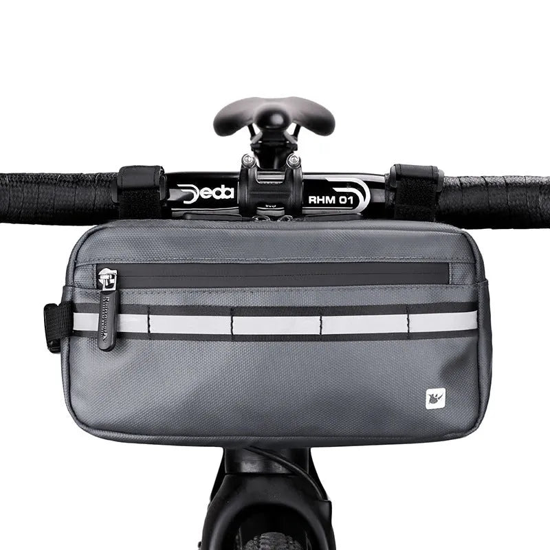 Multifunctional bicycle front handlebar bag in black, grey or blue, 1680D polyester, 3L capacity, 25cm x 8.5cm x 13cm.