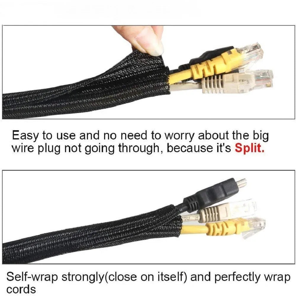 Black self-winding polyester mesh sleeve for automotive wire and hose protection, shown in various diameters.