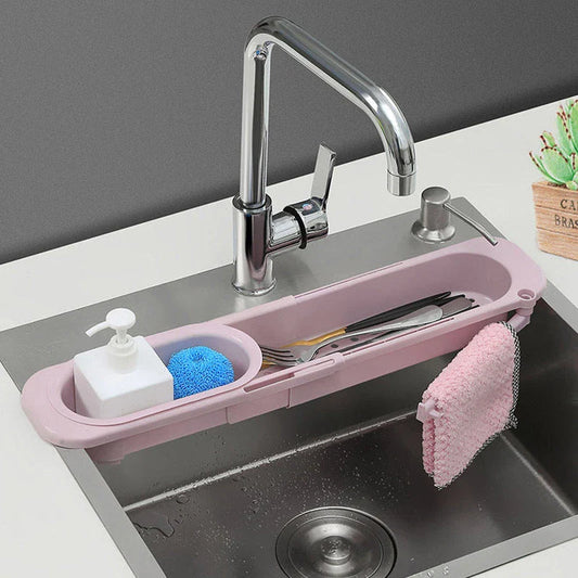 Adjustable sink organiser with drainage rack, versatile storage solution for kitchens
