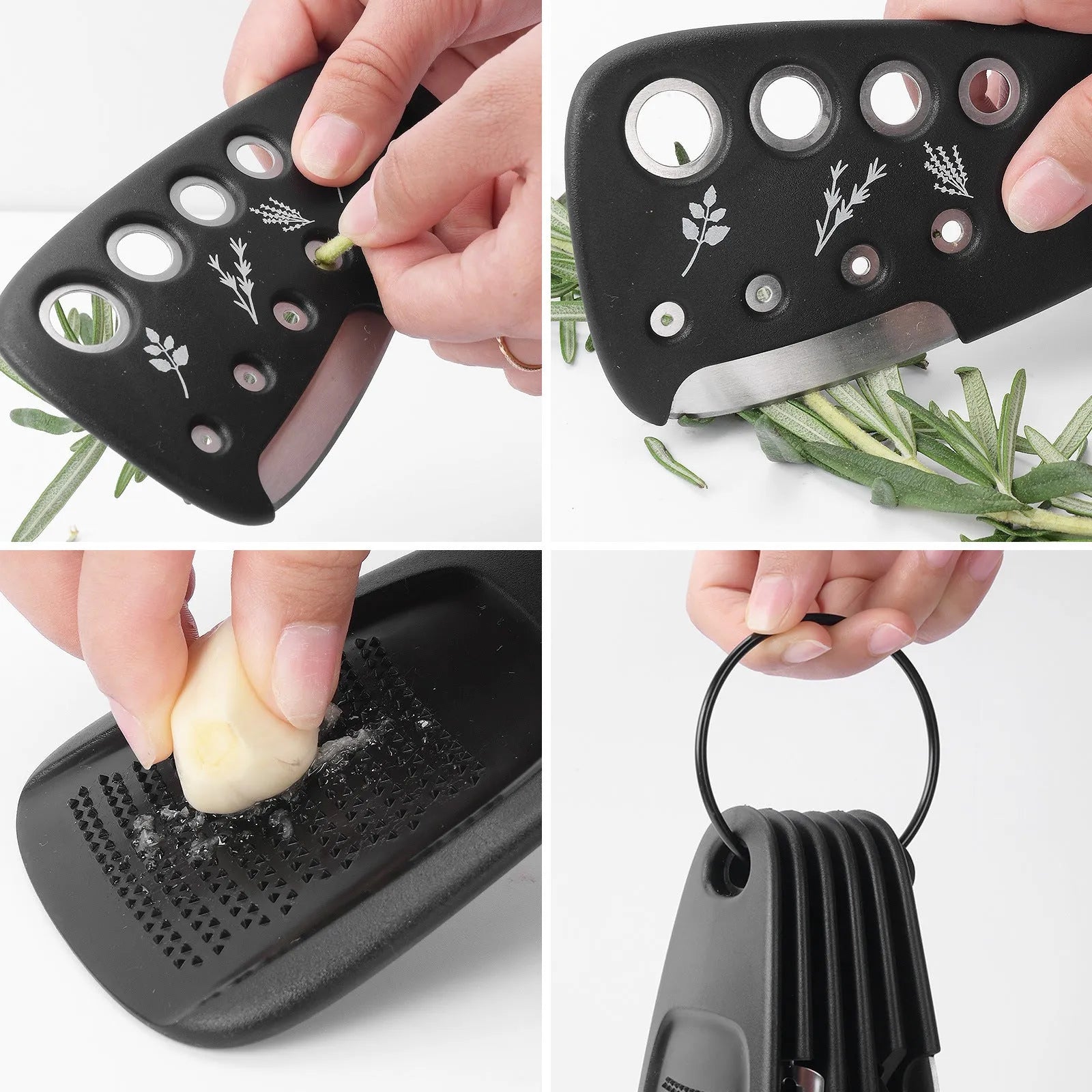 Six stackable kitchen widgets and a cleaning brush in a colour box, showing modern design