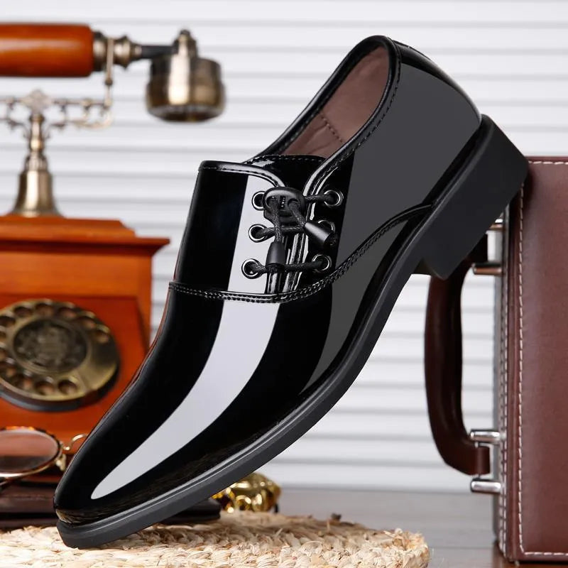 Men's black and brown formal business shoes with round toe and square heel