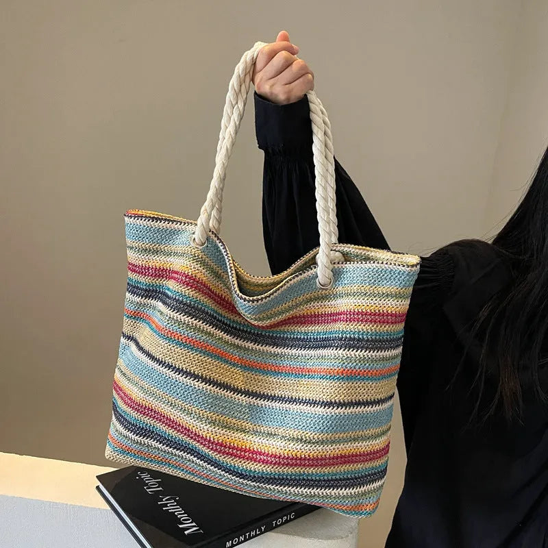 Blue woven nylon shoulder bag with large capacity and single shoulder strap