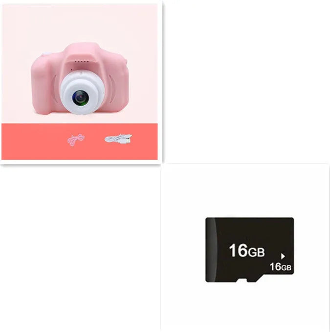 X2 HD mini digital camera for kids in silicone case with lanyard, shown capturing photo on 2-inch screen.