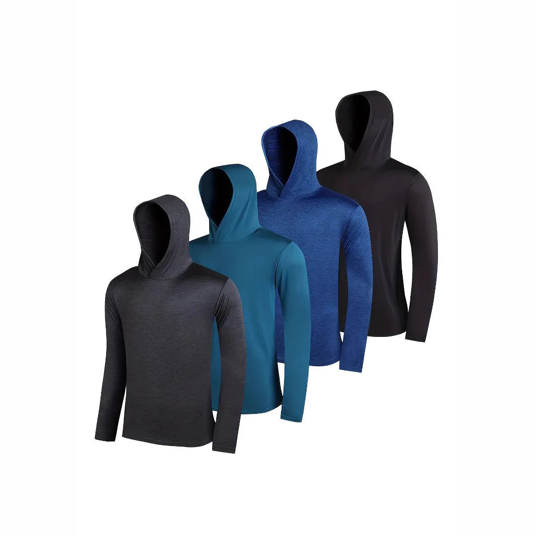 Four coordinated men's hoodies in lightweight elastic polyester fabric showing hooded and non-hooded style options