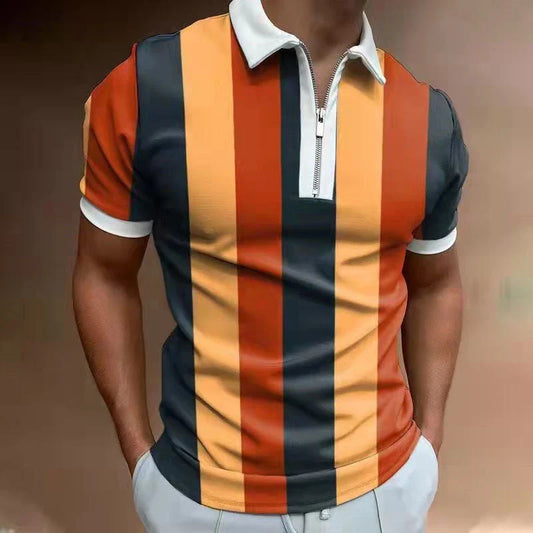 Premium striped polo shirt with short sleeves, made from high-quality cotton-blend fabric for comfort and style.