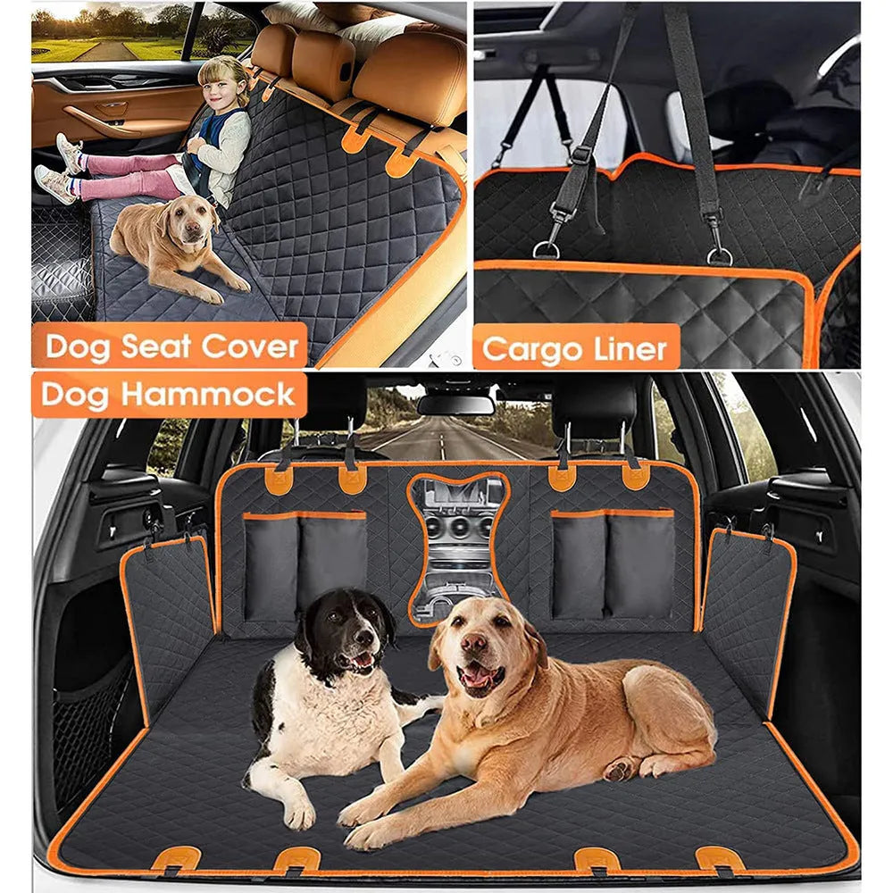 Black and orange edged waterproof dog car seat cover hammock made from 600D Oxford cloth