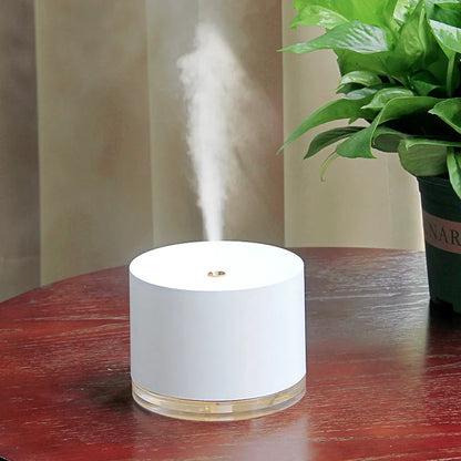 White portable ultrasonic humidifier with LED light and USB charging port on a wooden surface.