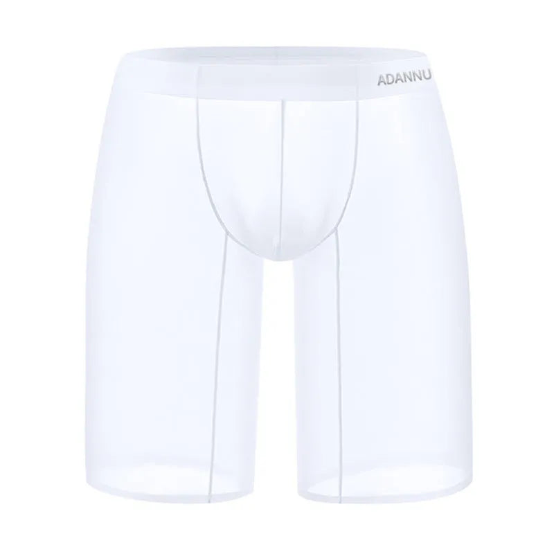 Men's black seamless nylon mesh lounge shorts on a hanger, showing hip-lift design and knitted texture.