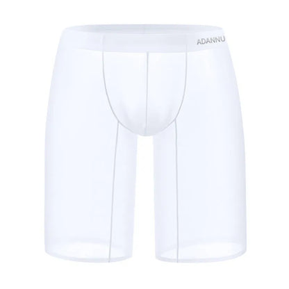 Men's black seamless nylon mesh lounge shorts on a hanger, showing hip-lift design and knitted texture.