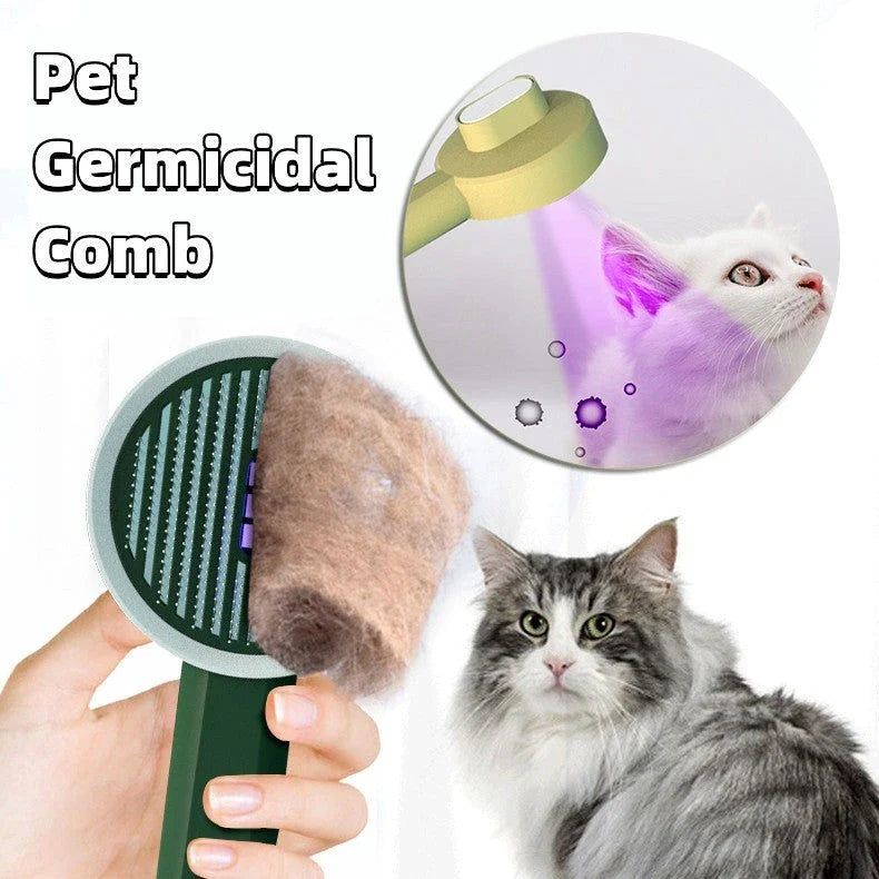 Rechargeable pet grooming brush with UV sterilization, automatic hair removal, and ergonomic floating comb design