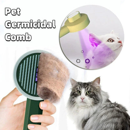 Rechargeable pet grooming brush with UV sterilization, automatic hair removal, and ergonomic floating comb design
