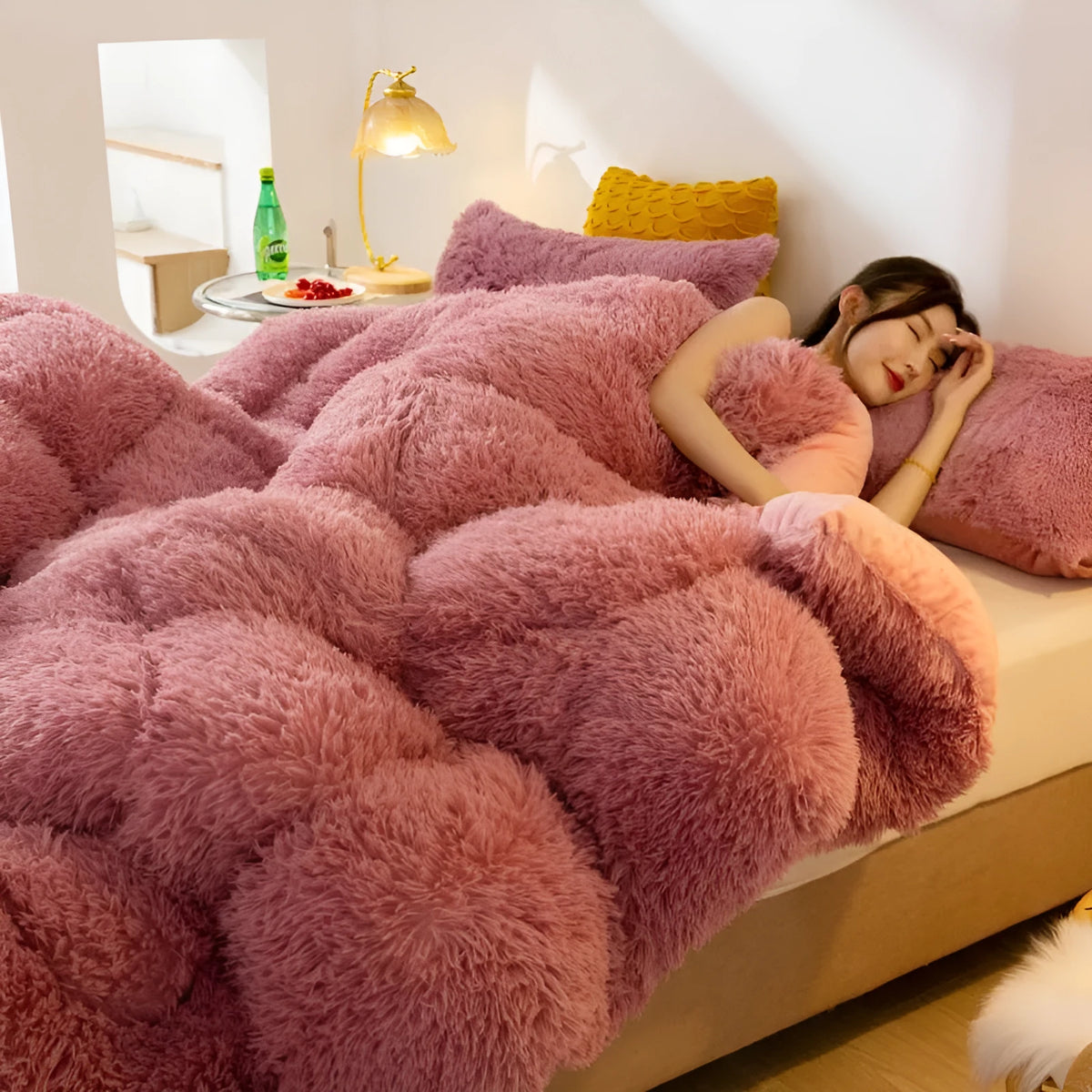 Double sided velvet winter quilt showing mink velvet and crystal velvet textures in meizi jade colour