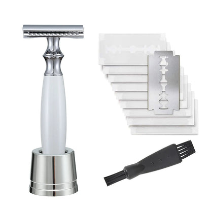Men's traditional copper manual shaving razor with olive wood handle and aluminium alloy razor holder