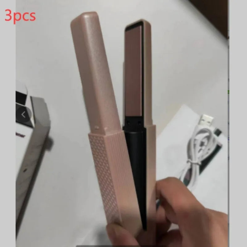 Pink and green cordless mini USB hair straightener and curler with ceramic plates.