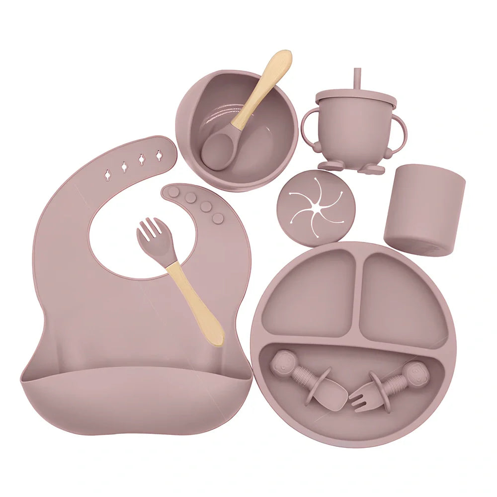 10-piece silicone baby feeding set in dark red, FDA-certified with heat resistance -40°C to +220°C for safe complementary food