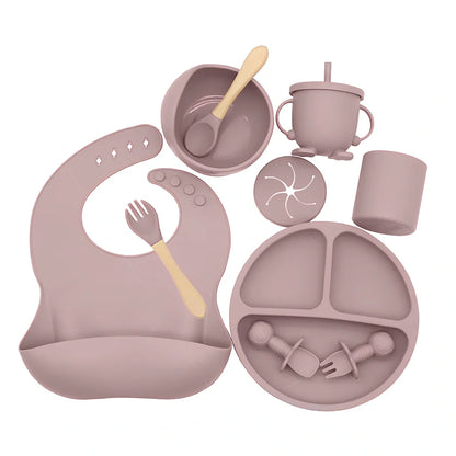 10-piece silicone baby feeding set in dark red, FDA-certified with heat resistance -40°C to +220°C for safe complementary food