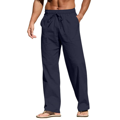 Men's cotton beach trousers with drawstring elastic waist straight leg casual design in multiple colours