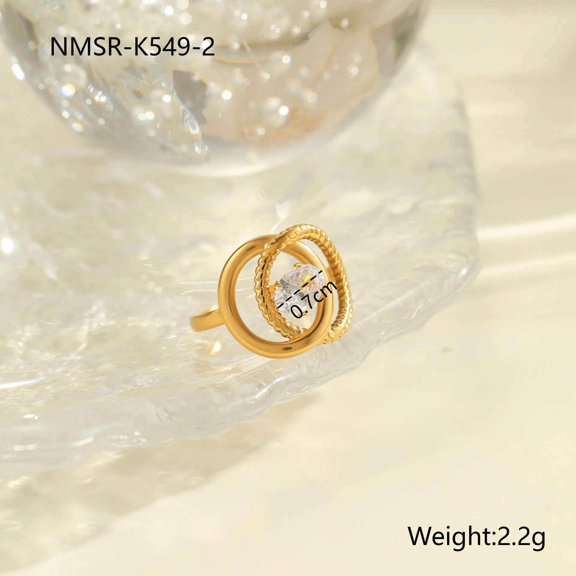 Gold electroplated stainless steel ring with heart shape design and open mouth fitting