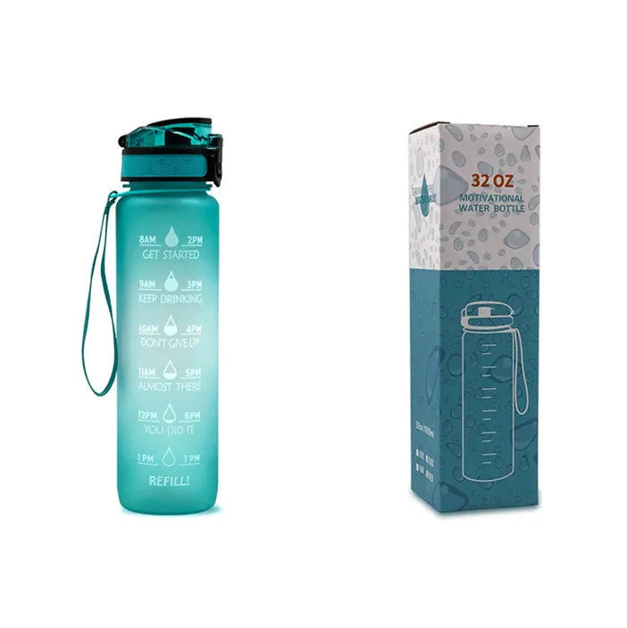 Blue and red gradient 1 litre Tritan sports water bottle with time markers and a flip-top lid.