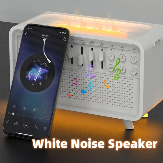 White geometric 3-in-1 machine with Bluetooth speaker, humidifier, and LED night light measuring 200mm
