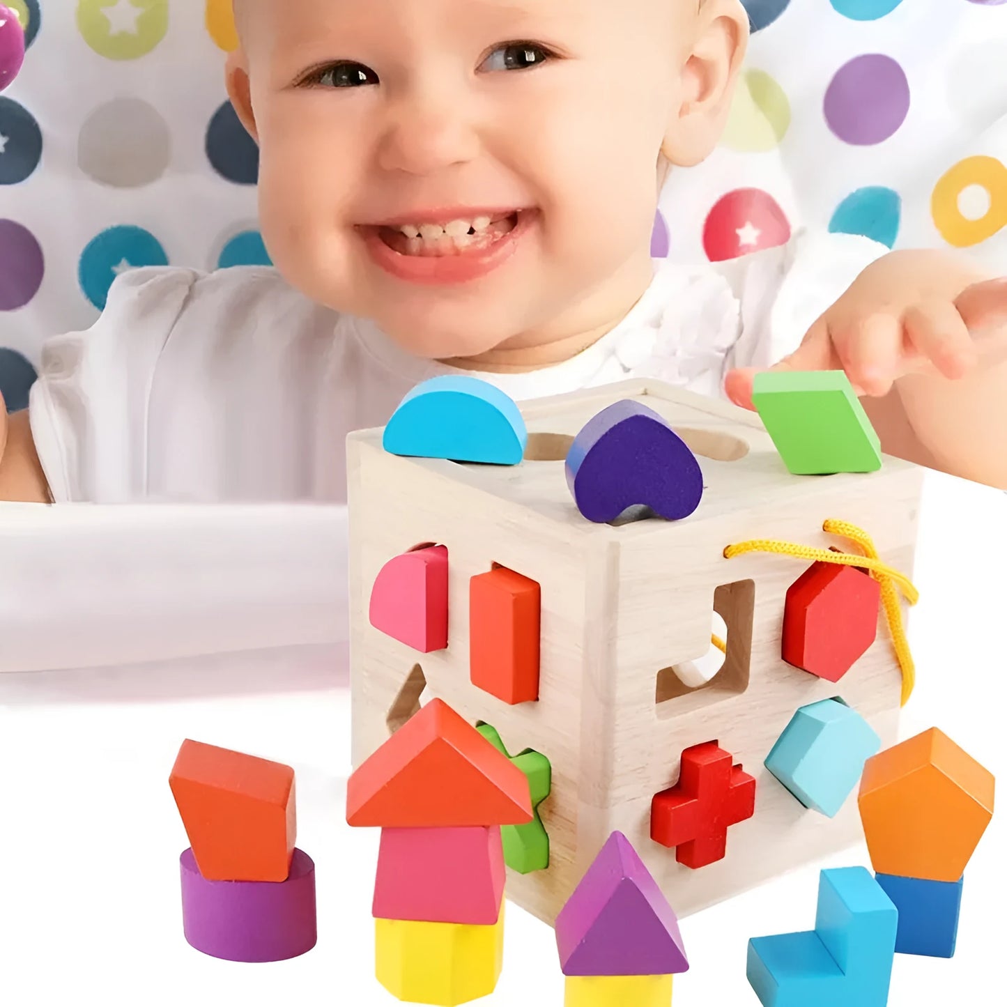 Wooden geometric shape matching building blocks for infants with multiple hole configurations
