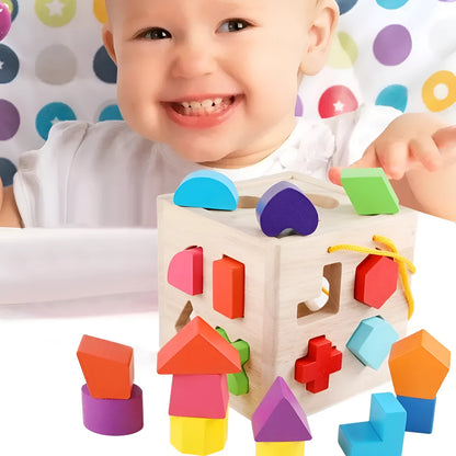 Wooden geometric shape matching building blocks for infants with multiple hole configurations