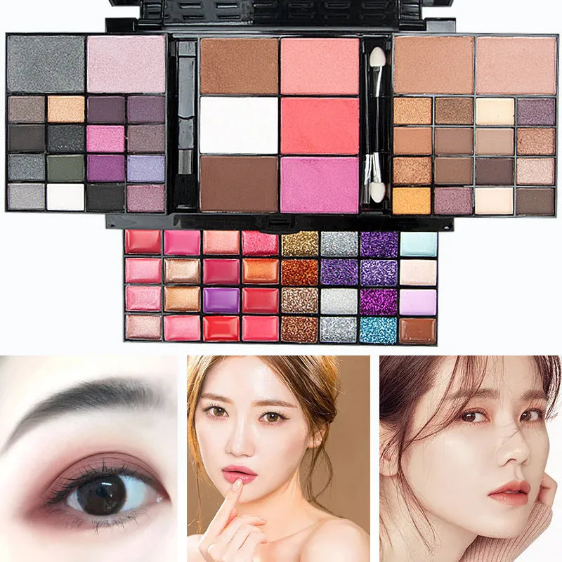 Open 74 colour makeup combination palette showing four layers of eyeshadow, lip gloss, blush and contour powders with brushes.