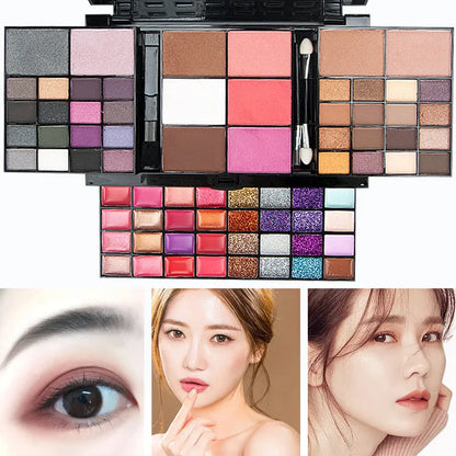 Open 74 colour makeup combination palette showing four layers of eyeshadow, lip gloss, blush and contour powders with brushes.